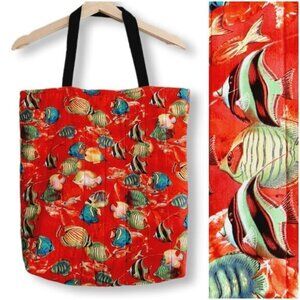 HANDMADE Quilted Tote Purse Shopper Bag Quilted Red w/ Tropical Fish